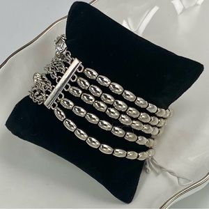 Chico’s Multistrand Bracelet, Beads, Chain, Rhinestone, 7”, Silver Tone